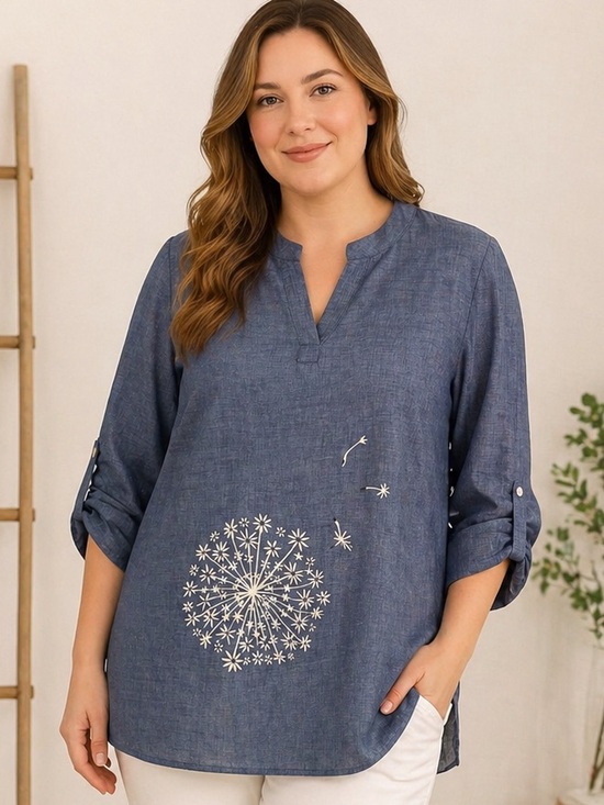 Tops - 3XL Blue Linen Look Tunic Blouse Dandelion Print Relaxed Fit
